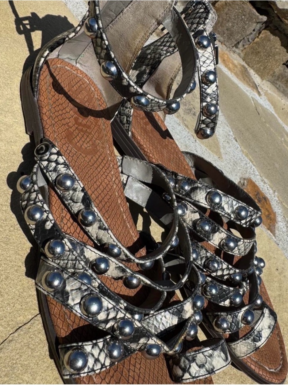 Circus by Sam Edelman Black and White Snake-Print Studded Gladiator Sandals